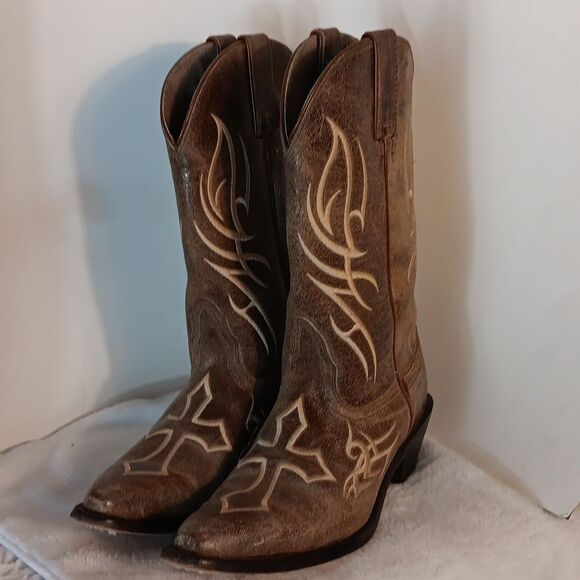 Justin Brown Leather "Cross" Women's Western Cowboy Boots - Picture 7 of 7